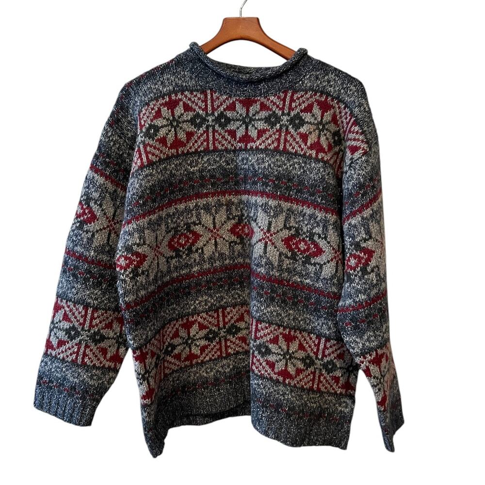 Vintage 90s Structure Soft Wool Knit roll neck Sweater Gray Blue L